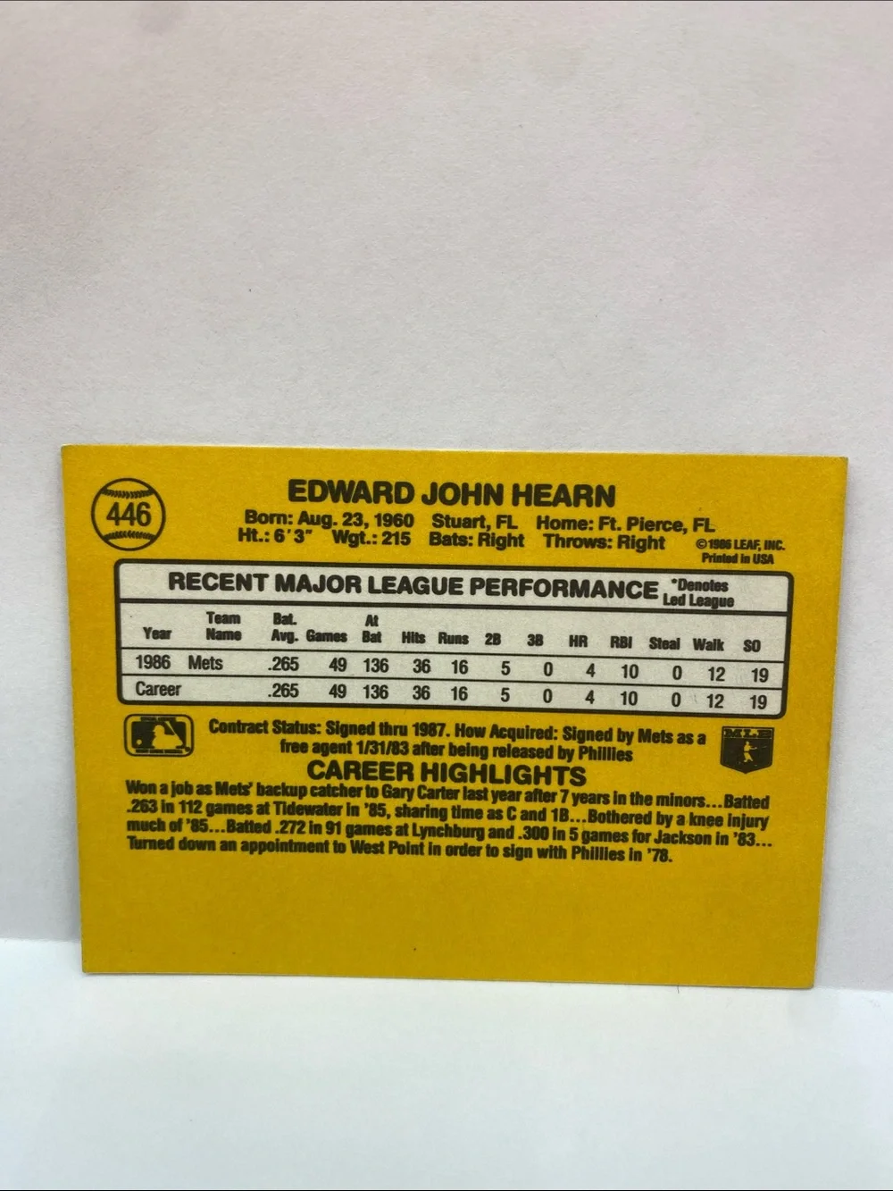 1987 Donruss Ed Hearn Mets #446 In Person Autograph (088)